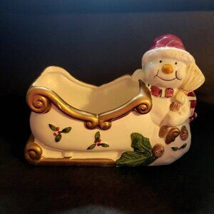Vintage Vitabath Ceramic Hand-Painted Snowman and Sleigh Dish